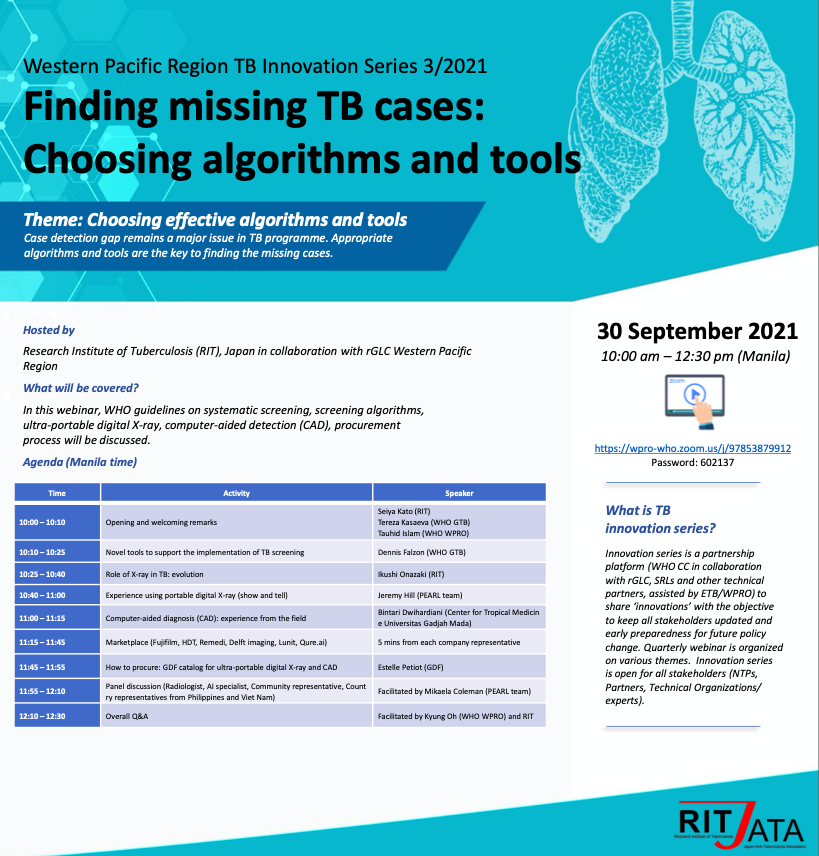 RonikaSG's tweet photo. Here is an open invitation to the #WHO #rGLC Western Pacific Region TB Innovation series organised in collaboration with the Research Institute of Tuberculosis #RIT, Japan.
Series focusing on "Finding missing TB cases: Choosing algorithms and tools" @DaraKelleher @qure_ai https://t.co/7PZNcNfvXF