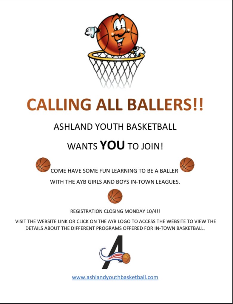 AYB IN-TOWN REGISTRATION CLOSES MONDAY 10/4. ashlandyouthbasketball.com