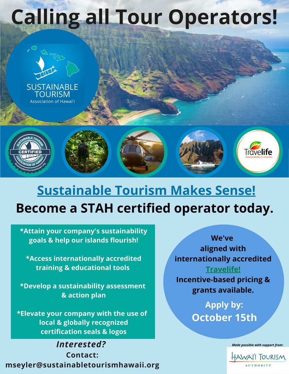 We are starting our annual renewals! Never been STAH certified? No problem 🤩
Possible grant funding available, fill out the interest inquiry form on our newly updated website. Deadline October 15!
sustainabletourismhawaii.org/certification/