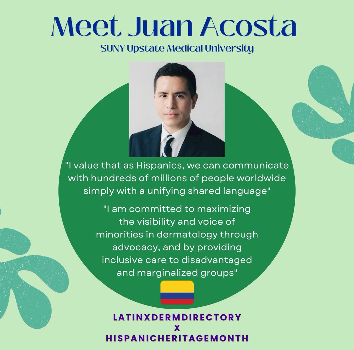@Acosta_JuanP is a 4th year medical student at SUNY Upstate. He is part of the @latinxdermdirec team creating the Research Highlights portion🧪 on our social media! We are grateful for his commitment to inclusive care for all! #HispanicHeritageMonth #dermtwitter #MedTwitter