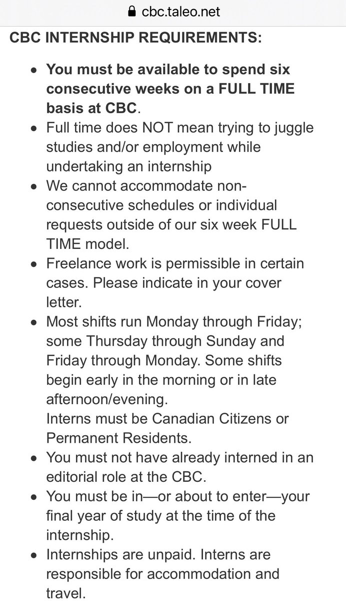 Unpaid journalism internships at CBC. Again making it possible only for people from higher income brackets. Do better.