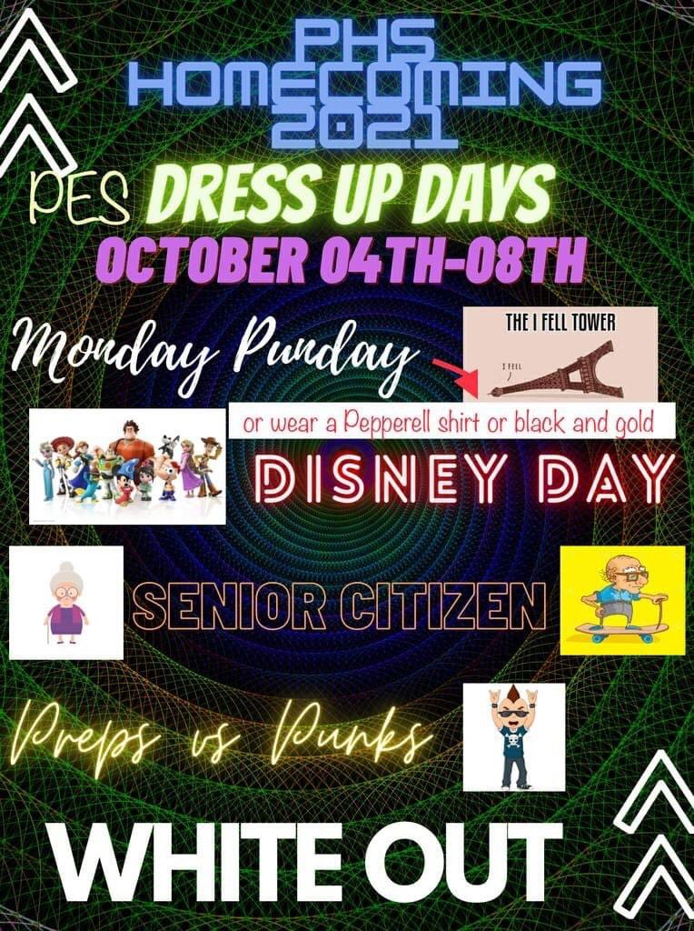 PESDragons's tweet photo. Next week is Pepperell's Homecoming! We‘ll be participating in the same dress up days as the high school. For Monday, we’ve added in the option to wear a Pepperell shirt/colors if students don't want to do a pun. It will be fun! Go Dragons! #pesleads 💛🖤💛🖤 https://t.co/v1bCKz4CMw