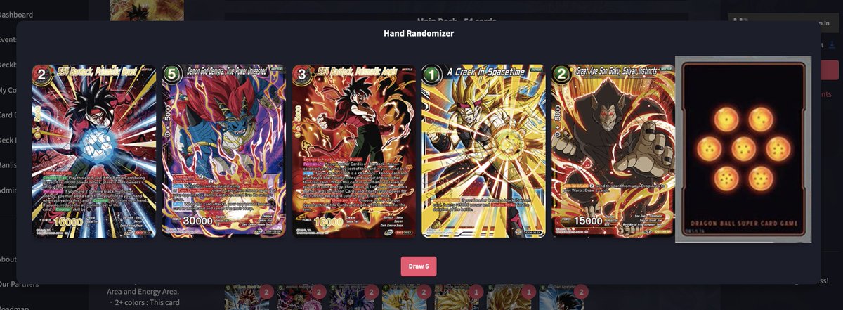 dbs_deckplanet's tweet photo. NEW FEATURES 🚀: Hand Randomizer &amp; Content Creator View

The new (and highly requested) Hand Randomizer allows you to draw 6 random cards from your deck and reveal them by clicking one of the drawn cards. https://t.co/NtV6xd7lfm