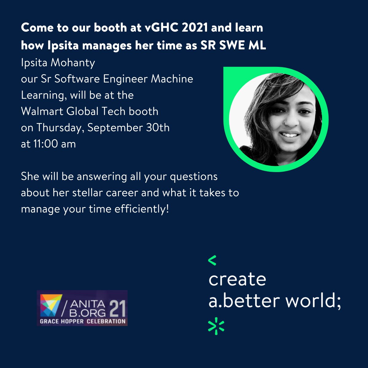 Walmarttech's tweet photo. Attending #vghc21? Visit the Walmart Global Tech booth to hear about exciting career opportunities and the amazing work our #womenintech are doing in #AI, #datascience, #softwareengineering, and more! https://t.co/kaqREhdsPg #walmartstem #tech #gracehoppercelebration https://t.co/cC1UOygx3S