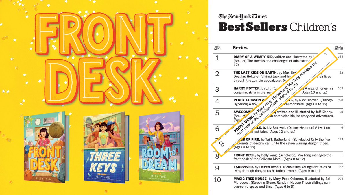 Scholastic's tweet photo. Congratulations @kellyyanghk! The Front Desk series is a New York Times bestselling series!! 🥳 https://t.co/RjoN5rQ4B7