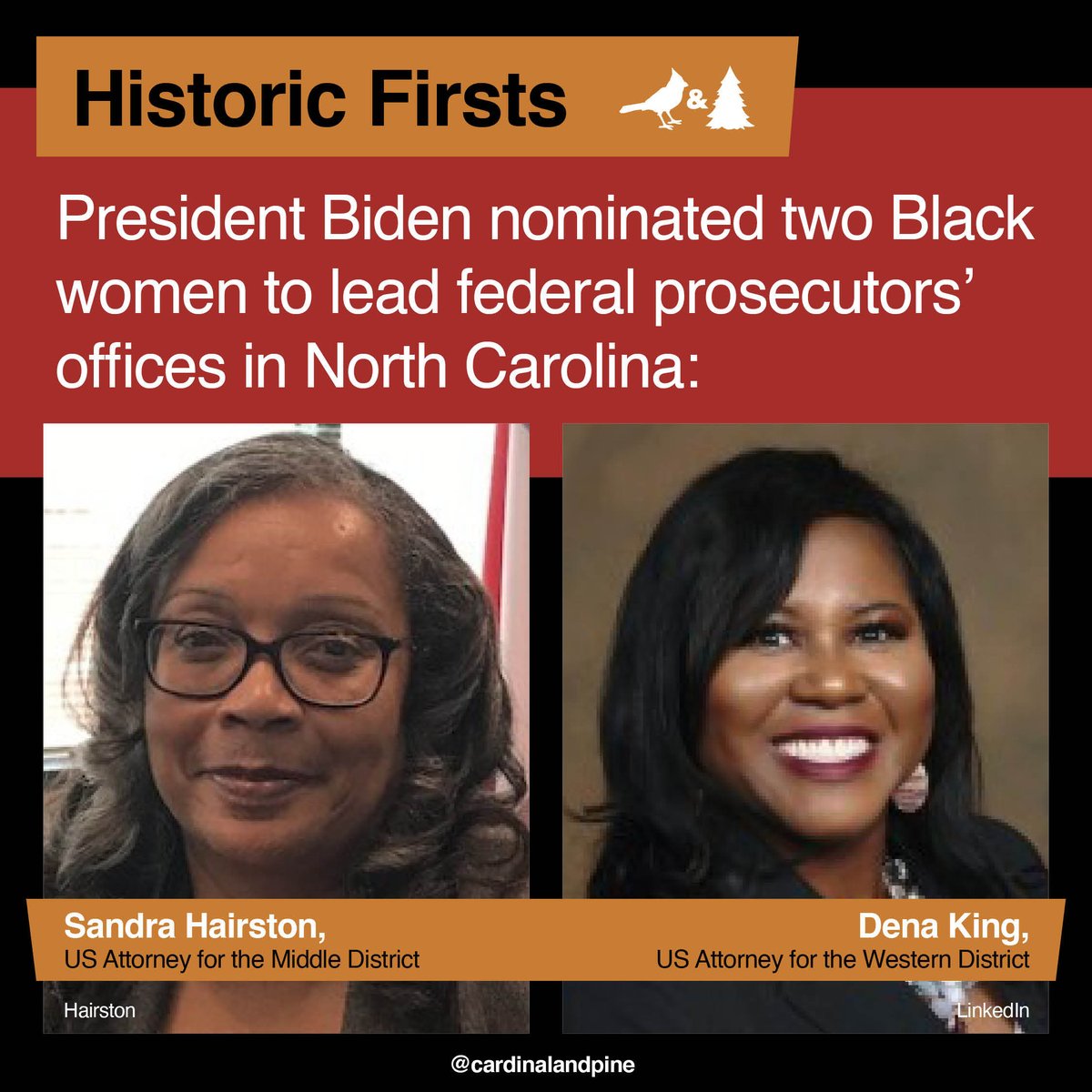 CardinalAndPine's tweet photo. Some big firsts in NC with @potus's nomination this week of career prosecutors Sandra Hairston and Dena King to US Attorney spots at the @USAO_MDNC and @USAO_WDNC. First time Black women will head both of these offices!
#nccourts #nclaw #ncpol https://t.co/mDkY0GvClL