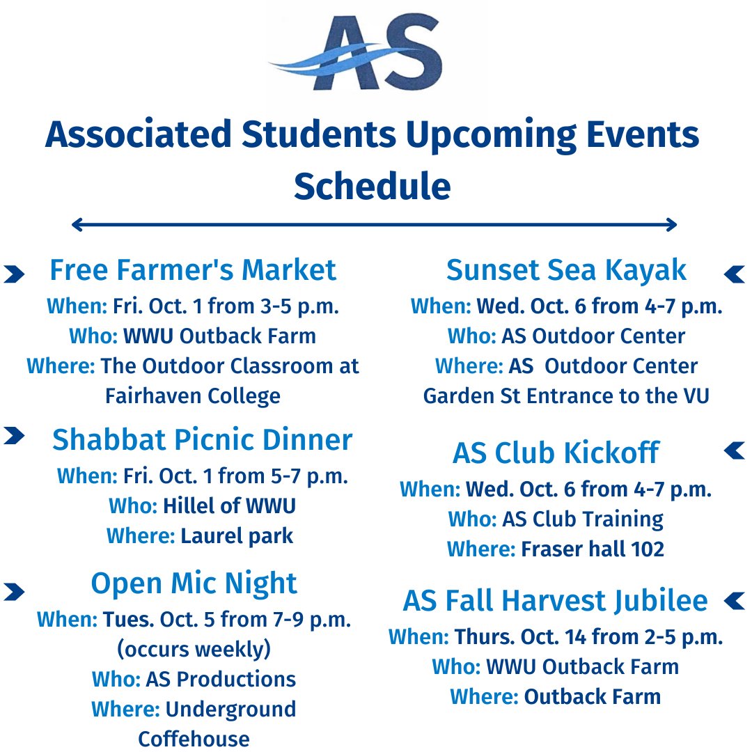 WWU_AS's tweet photo. If you were wondering what events are going on in the next couple weeks, look no further! This bi-weekly AS event schedule will tell you everything you need to know and more. We have lots of fun stuff planned this month!
#wwuas #aswwu #forstudentsbystudents #associatedstudents https://t.co/Trt3IrGsF9