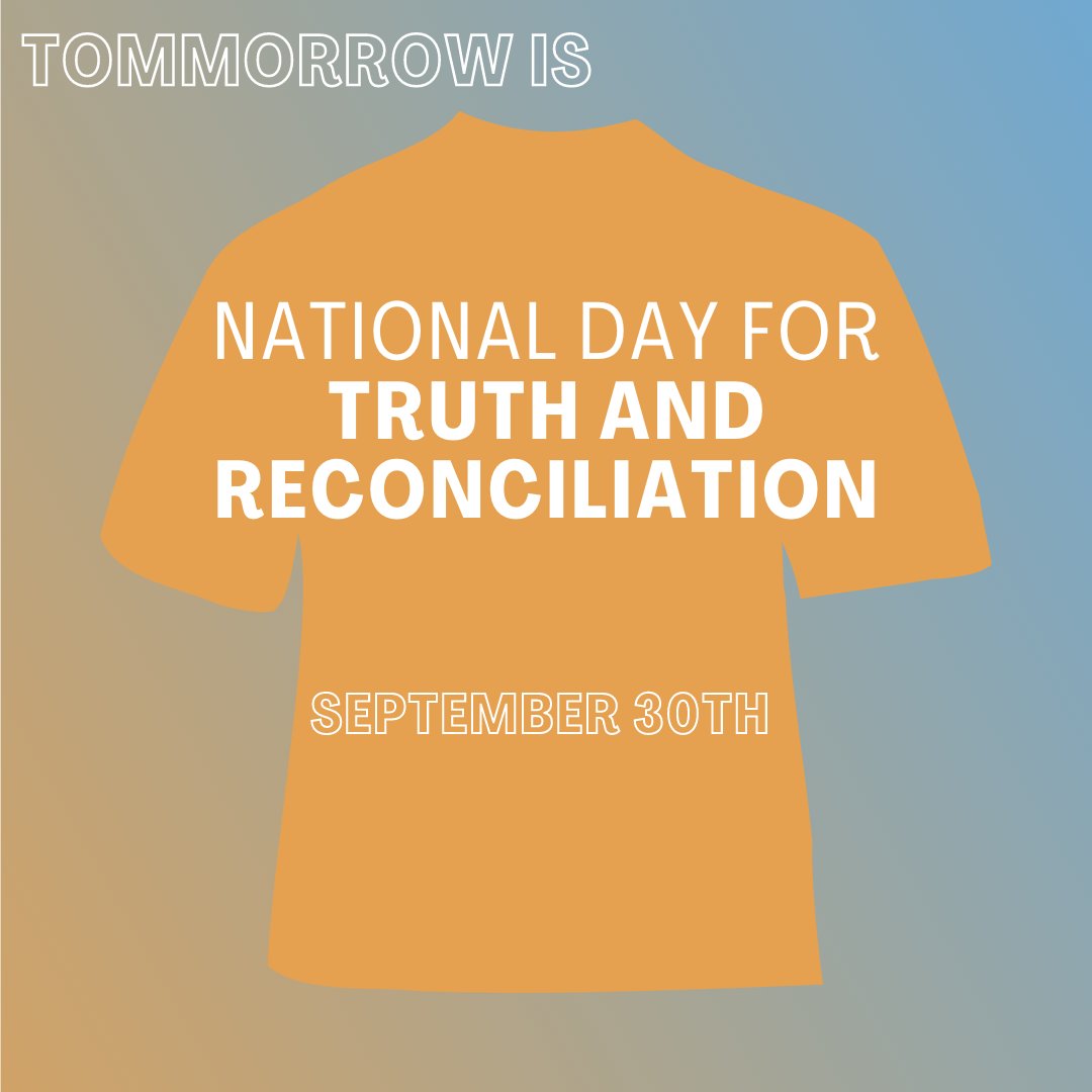 Tomorrow is National Day for Truth and Reconciliation. You can show support by wearing an orange shirt, showing up at virtual events, taking time to read the TRC's 94 calls to action and checking out the National Centre for Truth and Reconciliation: nctr.ca🧡