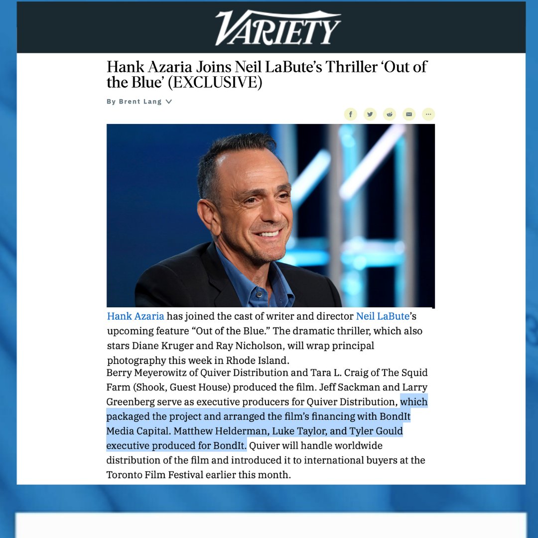 Bondit_film's tweet photo. Thrilled to announce the addition of Hank Azaria to the BondIt financed and Executive Produced “Out of the Blue.” Check out the article below for more info - 
Thanks #Variety for the shoutout! 
#bonditmediacapital #buffalo8 #hankazaria #varietyarticle #filmproduction #filmfinance https://t.co/uxAGQrDClu