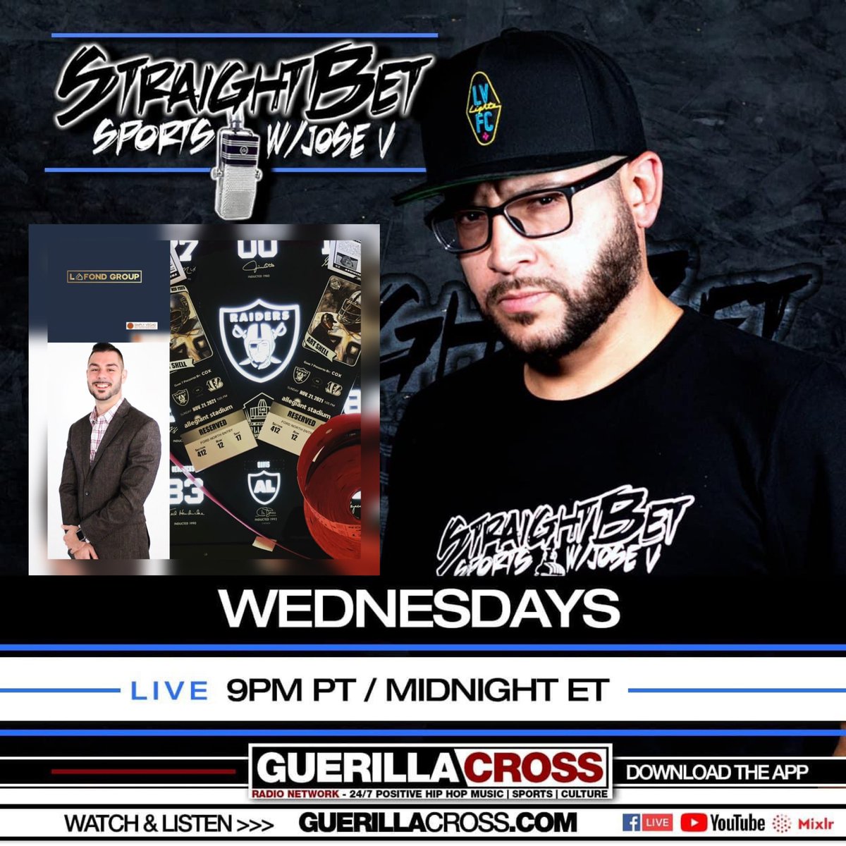 Jose_Volonte's tweet photo. Tonight 9pm #StraightBetSports on @GuerillaCross Joshua Lafond joins us live in studio to talk about the @Raiders ticket giveaway that we have teamed up to sponsor with him. Looking to go to a game and help local schools along the way, then tune in tonight for all the details. https://t.co/BPgUj5Swwx