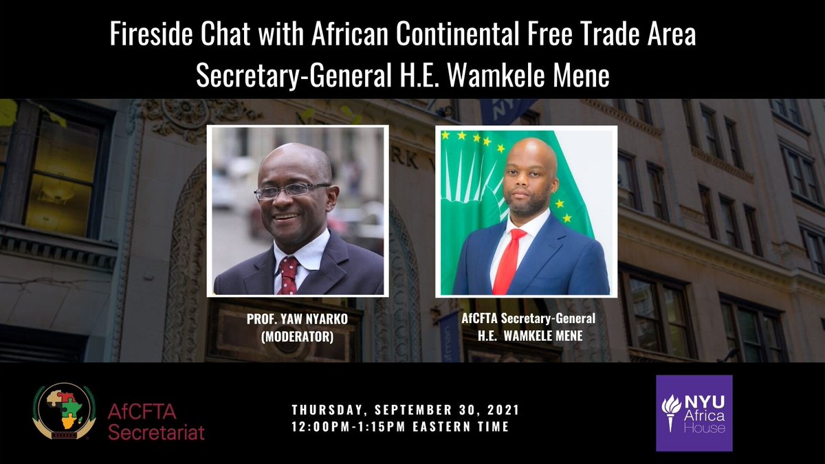 NYU Africa House (@nyuafricahouse) on Twitter photo Join Africa House tomorrow, Sept 30, in conversation with H.E. Wamkele Mene, Secretary-General of the African Continental Free Trade Area (AfCFTA) Secretariat. Register here: bit.ly/nyuafcfta <a href="/AfCFTA/">AfCFTA Secretariat Official</a> <a href="/_AfricanUnion/">African Union</a> <a href="/MeneWamkele/">Wamkele Mene</a> Join Africa House tomorrow, Sept 30, in conversation with H.E. Wamkele Mene, Secretary-General of the African Continental Free Trade Area (AfCFTA) Secretariat. Register here: bit.ly/nyuafcfta <a href="/AfCFTA/">AfCFTA Secretariat Official</a> <a href="/_AfricanUnion/">African Union</a> <a href="/MeneWamkele/">Wamkele Mene</a>