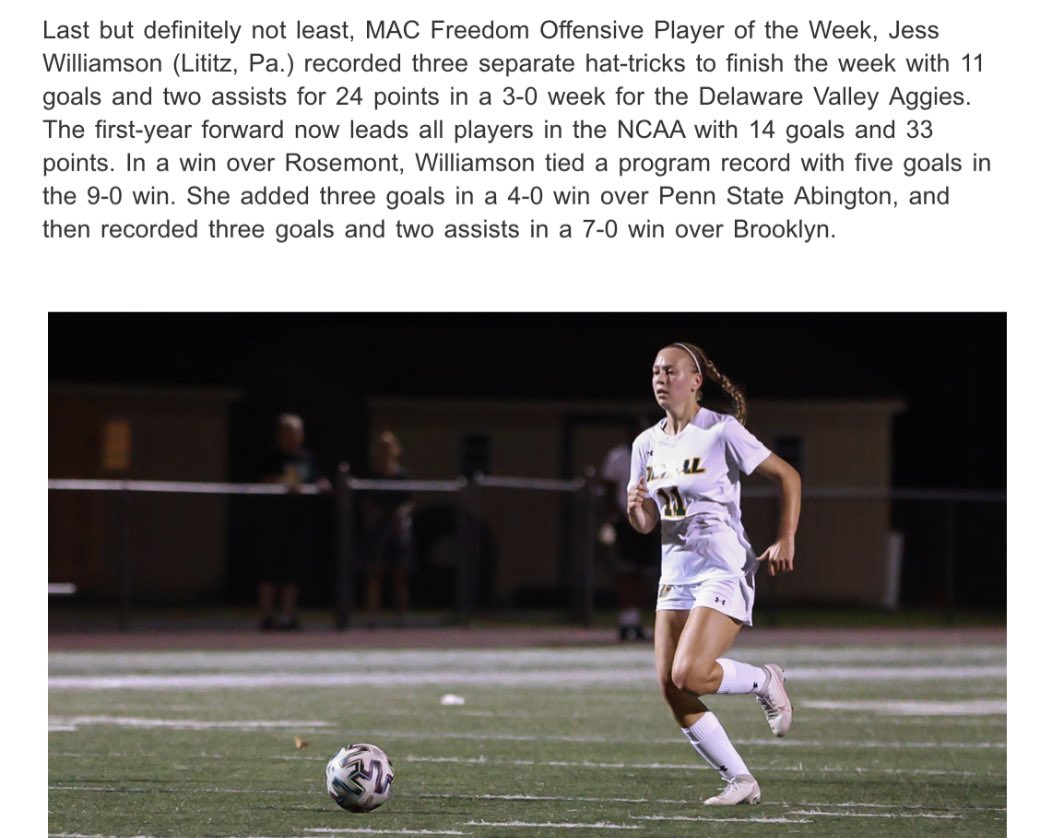 Matt Ralph (@mattralphsc) on Twitter photo Wow. Three hat tricks in one week! 11 goals and 2 assists for Del Val’s Jess Williamson. No surprise she is the <a href="/UnitedCoaches/">United Soccer Coaches</a> D3 Player of the Week. Wow. Three hat tricks in one week! 11 goals and 2 assists for Del Val’s Jess Williamson. No surprise she is the <a href="/UnitedCoaches/">United Soccer Coaches</a> D3 Player of the Week.