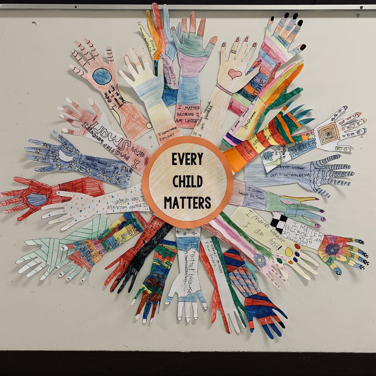 MsTurkoClass's tweet photo. Today we talked about the purpose of #OrangeShirtDay, discussed why it is important to feel safe at school, and created a collaborative art project about why each one of us matters. @CCSD_edu https://t.co/AYlmKieULF