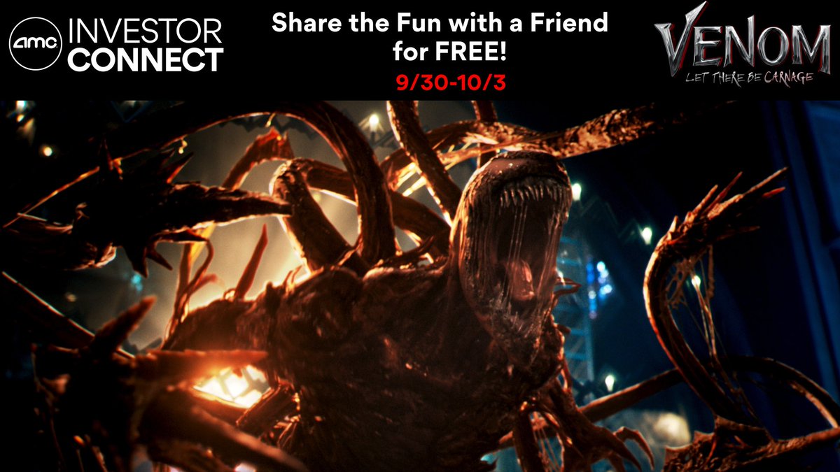 CEOAdam's tweet photo. The highly anticipated @VenomMovie arrives at @AMCTheatres starting tomorrow. In an exclusive offer, our shareholders who are AMC Investor Connect members can share the fun FREE all weekend long (buy a ticket, bring a friend for free). For your tickets: https://t.co/z58tKOvFiC https://t.co/yGSJ8PfwCt