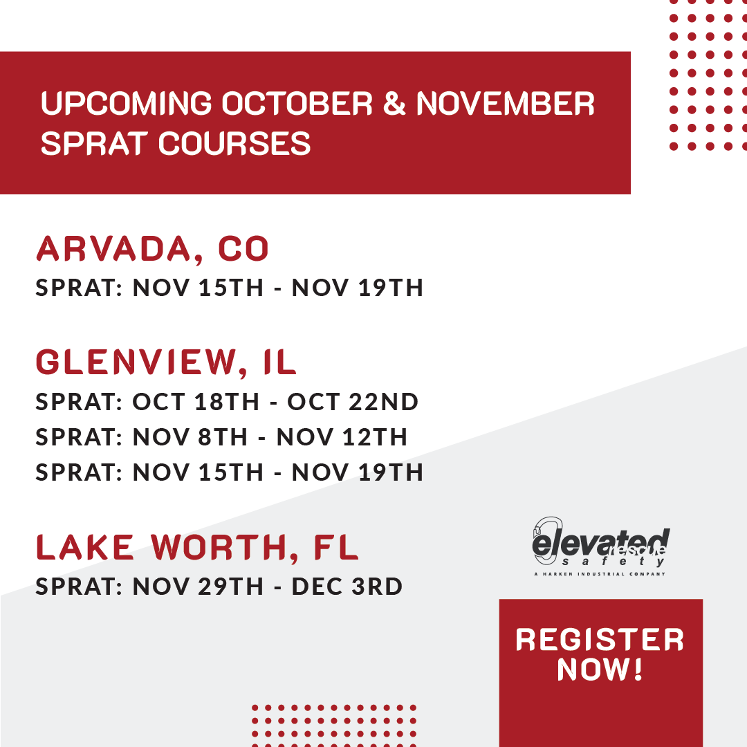 elevatedsafety's tweet photo. Looking to get #SPRAT certified, or re-certified in October or November? We have courses coming up in IL, CO and FL. Check out our website for more details, and to register. https://t.co/FftVsu76oJ
#spratcourse #spratcertified #spratcertification #ropeaccess https://t.co/PMjO5kGpFd