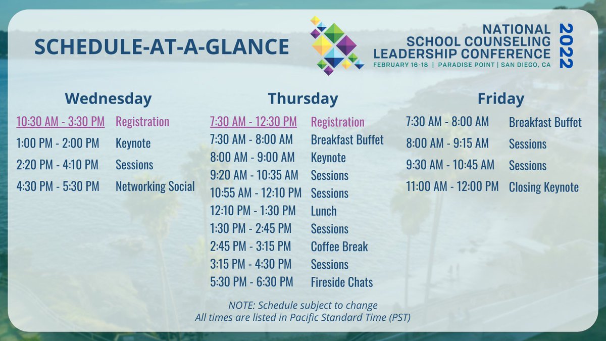 hatchingresults's tweet photo. Here's our Schedule-At-A-Glance for the 2022 National School Counseling Leadership Conference! Plan for three days spent on an island getaway this February in San Diego! 😎

The $50 discount with early bird registration ends on October 1st! Register here: https://t.co/kIrKjNukhH https://t.co/SiZx4vHoDv