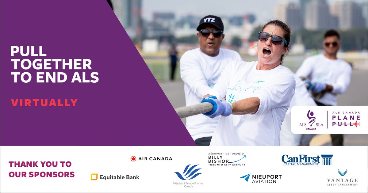 We can’t meet on the tarmac again this year, but we’re grateful to the 2021 Plane Pull to End ALS sponsors: <a href="/AirCanada/">Air Canada</a>, <a href="/EQBank/">EQ Bank</a>, #NieuportAviation, <a href="/BBishopAirport/">Billy Bishop Toronto City Airport</a> &amp; @MTP_CA for your continued support and dedication to #PullTogetherToEndALS! #ALSPlanePull Thanks you 💜