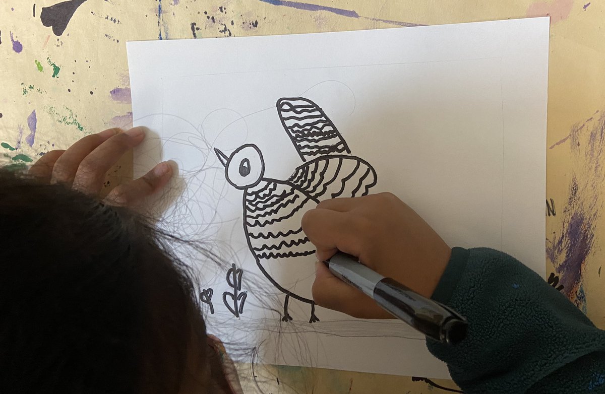 GleasonsArtRoom's tweet photo. Backyard Birds! 1st grade artists used shapes to draw birds found in our community. Ss ❤️ loved watching #cornellfeeders while we worked. Patterns are made when adding feathers, textures and around the frame. Color coming soon. @Oakton_ES #VABirds #birddrawing #bird #birdwatching https://t.co/DZZh9Onc8z