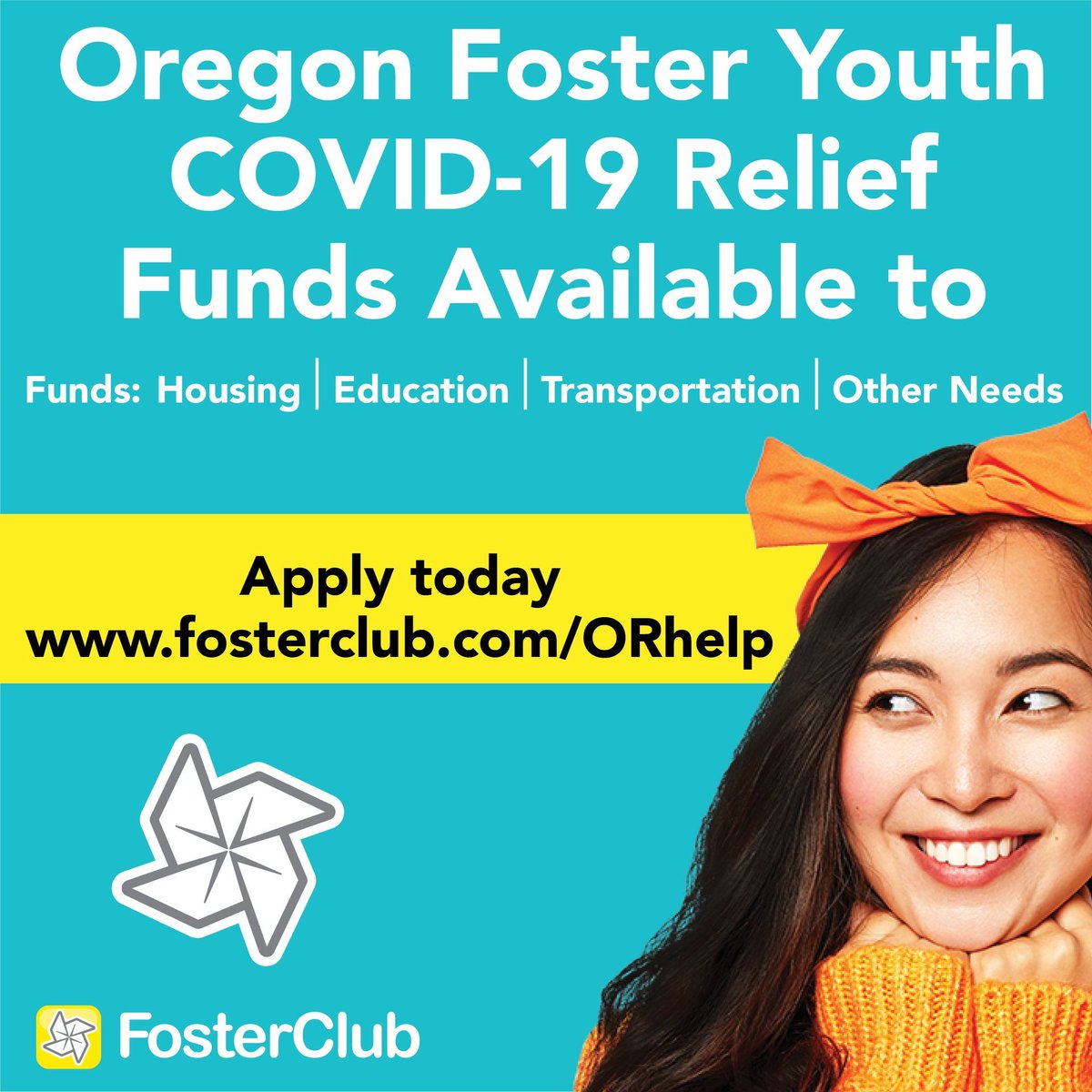 fosterclub's tweet photo. Oregon Youth: Pandemic relief funds application eligibility requirements will change starting 10/1! 
Apply today:
Funds can be used towards: 
- housing 
- education 
…and other miscellaneous expenses
*Amount provided depends on your situation.

#FosterClub #YouthVoice #COVID19 https://t.co/7gQVJLmyth