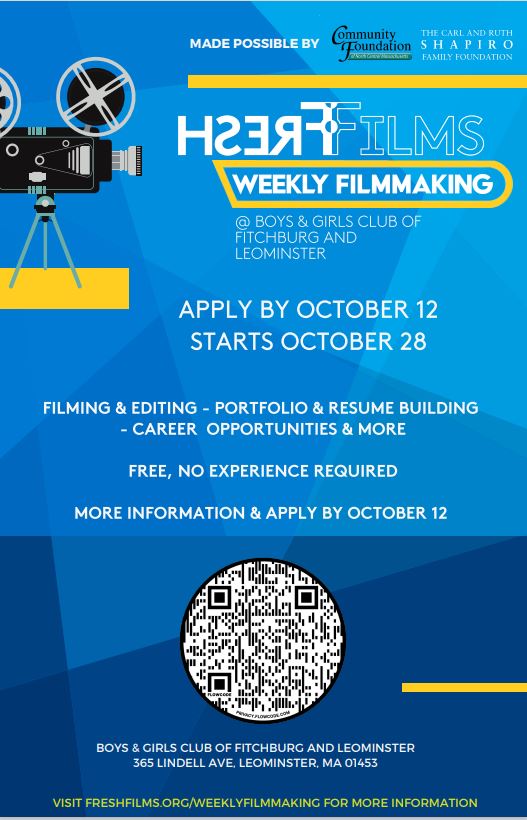 STEMAdvocates's tweet photo. Make movies with @freshfilmsdt every Thursday at
@BGC_FL Learn all the ins and outs of filmmaking from industry professionals and have fun making
your own movies! 

Click on the link below for more information and to
apply today!
https://t.co/8iXrcGmtnK

#Free #Teens #CentralMass https://t.co/Yd0XM21I7V