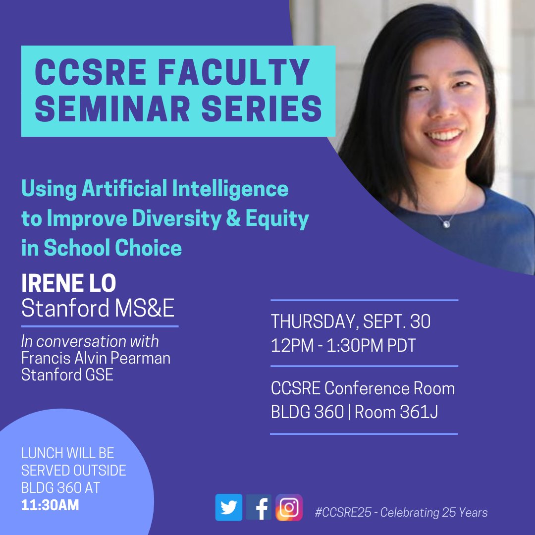 stanfordccsre's tweet photo. JOIN US TOMORROW for the first fall CCSRE Faculty Seminar Series, "Using AI to Improve Diversity &amp; Equity in School Choice" w/ Irene Lo (MS&amp;E) in conversation w/ Alvin Pearman (GSE) | SEP 30, 2021 | 12p PDT https://t.co/AFdkt7i0uz https://t.co/2pydqMf3Ys