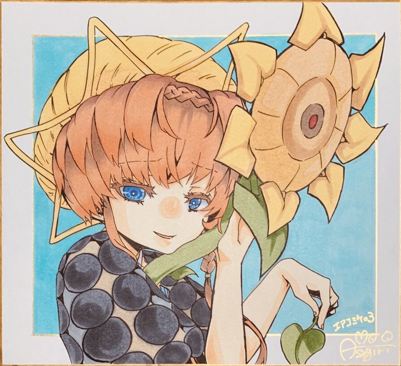 1girl sunflower flower colored sclera black sclera solo blue eyes  illustration images