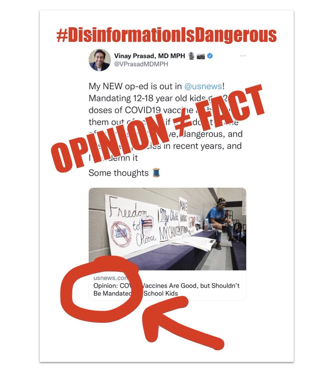 PedsMamaDoc's tweet photo. 🧵 As a pediatrician, I caution anyone reading this article to realize this is ONE MAN’s OPINIONATED VIEW. 

He is NOT a pediatrician. 
He IS opinionated.
His opinions ≠ facts.

#disinformation #opinionNOTfact #COVID19 #COVID19Vaccines 
1/ https://t.co/AMk3Z7k1Ce