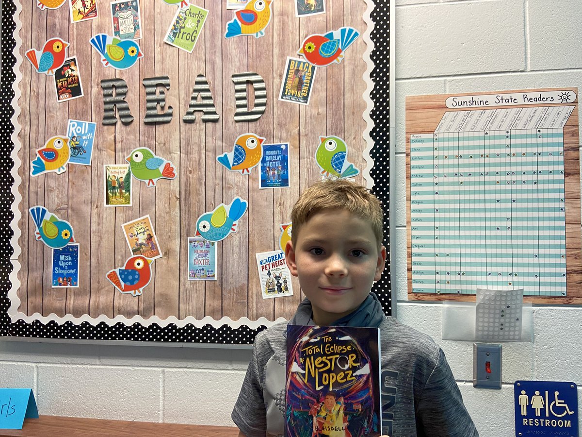 mrs_blaisdell's tweet photo. The @Bluebirdsin3rd are so excited to announce that we have two classmates who finished all 15 @FloridaSSYRA books this week!! Both of these reading superstars chose The Total Eclipse of Nestor Lopez by @acuevaswrites as their fave! Great job Andrew and Easton! ☀️📚👏🏻 @LOEMedia https://t.co/oWE7iC08RH