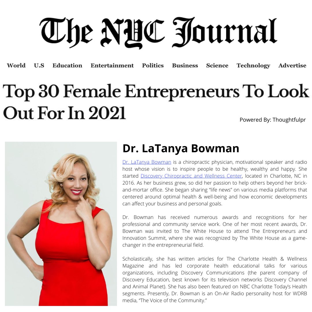 discoverychiro's tweet photo. Congratulations to Dr. LaTanya Bowman for being listed as one of The Top 30 Female Entrepreneurs To Look Out For, For 2021. Super proud of you Doc! Congratulations to all 30 women who made the list for The New York City Journal.
https://t.co/DA2R8vjXoo
#Femaleentrepreneurs https://t.co/P7KkQBUO0u