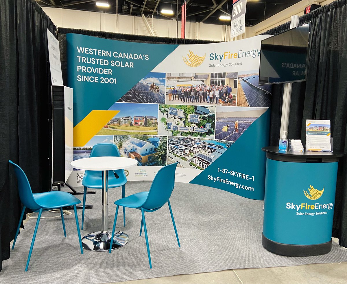 SkyFireEnergy's tweet photo. Our new revamped booth is all set up at the #CalgaryFallHomeShow! We will be masked up and ready to meet with you from Sept 30th - Oct 3rd at the BMO Centre ☀️ We’ll be offering 15-minute on-site solar consultations with one of our Solar Specialists!
#yyc #yycevents https://t.co/Xxa5qcJmi6