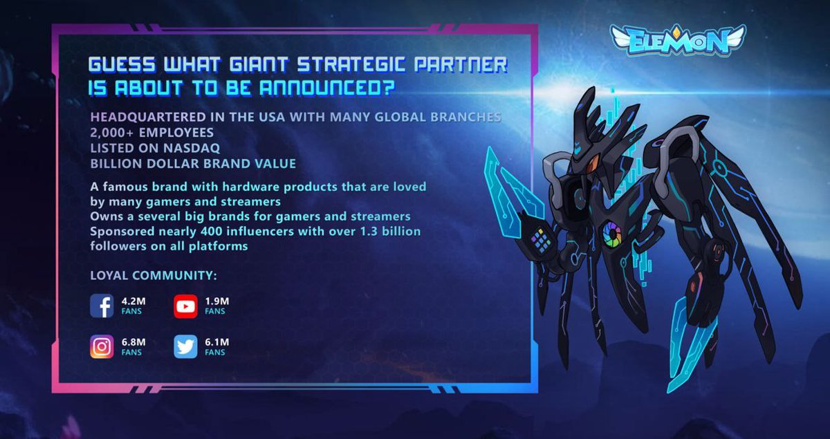 <a href="/NFTupdate/">NFT Update</a> I'm following #Elemon at Elemon.io and <a href="/ElemonGame/">ELEMON</a> to catch up all their news or update. It's really a huge #BSCGEM of #GameFi and #NFTs. It still hasn't sold IDO and #NFTs but it has the suppot of a substantial partners. One of them is #NasdaqListed. 
#Metaverse