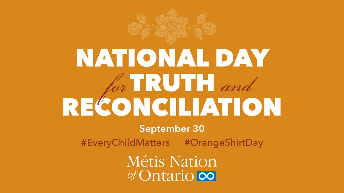 MetisNationON's tweet photo. On #NationalDayforTruthandReconciliation, we reflect on the tragic legacy of Residential Schools and the intergenerational trauma these institutions inflicted upon survivors, their families, and communities. https://t.co/F2rbniuURI  #EveryChildMatters #OrangeShirtDay https://t.co/IghVnNzzVx