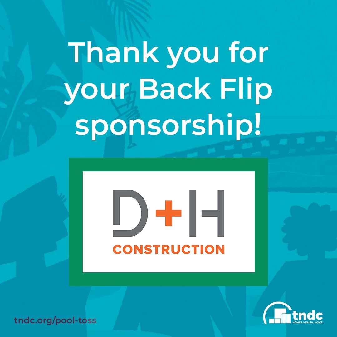 TNDC's tweet image. A HUGE thanks to #PoolToss Back Flip Sponsor—D+H Construction! By sponsoring this one-of-a-kind event, D+H is helping our Tenderloin After-School Program be there for kids &amp;amp; families in the #Tenderloinsf community. 

Save the date 10/14 🗓️ by going to tndc.org/pool-toss!