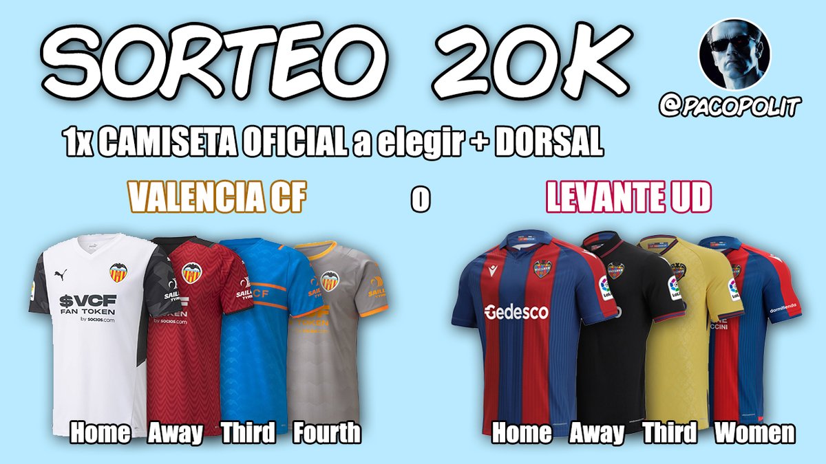 pacopolit's tweet photo. 🚨 SORTEO 20K 🚨

1x camiseta oficial 21-22 de @valenciacf o de @levanteud, con el dorsal que elijas.

Entrega en mano en VLC; envíos a toda España.

Para participar: follow a @pacopolit; RT a este tuit; FAV a este tuit. 

Ganador@ será anunciado 23:59h del domingo 10 de octubre. https://t.co/0iDewW4wgF