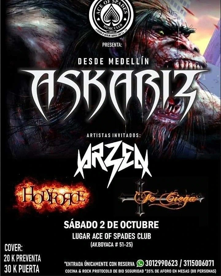 Nos vemos este sabado junto a Askariz band ARZEN - Metal Crew y HOLYFORCE !! En la casa del metal colombiano Ace of spades-club  !!!