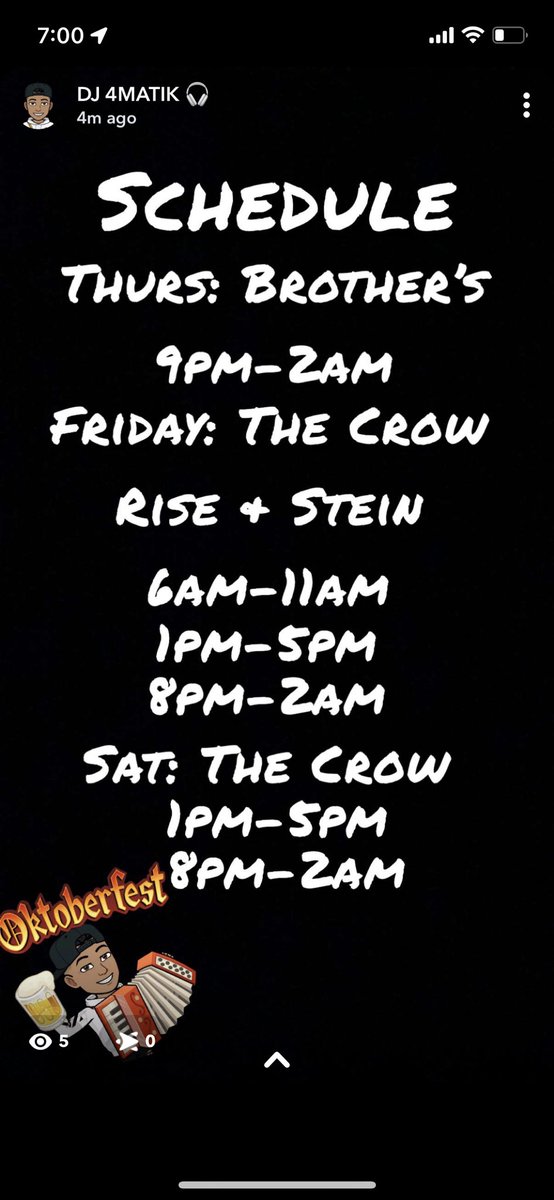 Here’s my specific time slots that I’ll be playing. I’ll get to roam around from 5-8pm 🍻