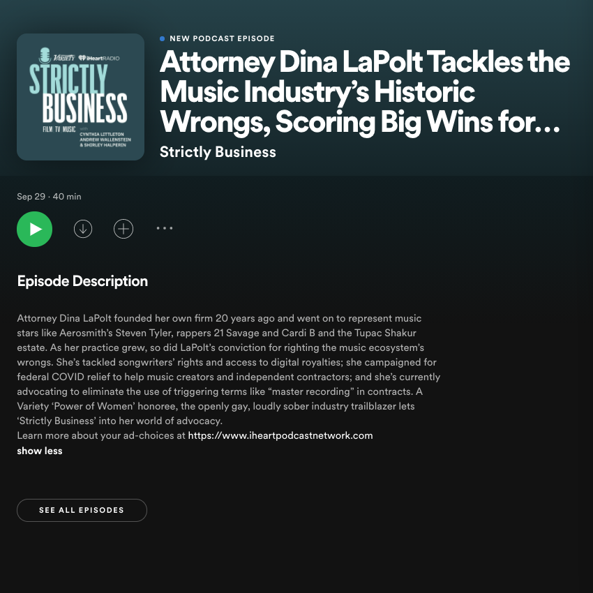 valerieallenpr's tweet photo. Thank you @variety for this wonderful piece on 20 lessons that @dinalapolt gained in the last 20 years of @lapoltlaw and if that isn’t enough for you, check out Dina’s episode of The Strictly Business Podcast where she tells her journey of becoming a trailblazer in her industry https://t.co/8pD9f66Aaj