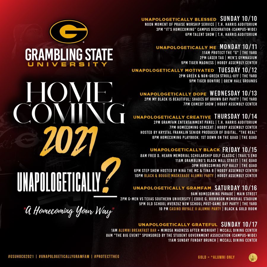 #gramfam Are you Unapologetically ready for Homecoming? From October 10th - 17th we will be issuing a fiyaa Gramfam experience the SAFE way‼️ Please be sure to practice CDC Guidelines at every events so we can show our Grambling Pride!!🐯
<a href="/Grambling1901/">Grambling State Univ</a> #protecttheG