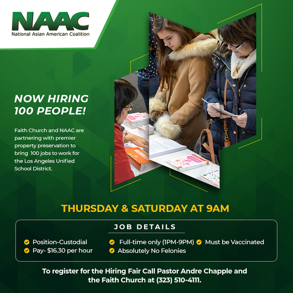Power106LA's tweet photo. NOW HIRING 100 PEOPLE!!! Thursday & Saturday @ 9 AM for more info call 323-510-4111 #andrechapple #naac #africanamericanempowermentcoalition #lausdjobs #faithchurchla https://t.co/mRujIGS1BJ