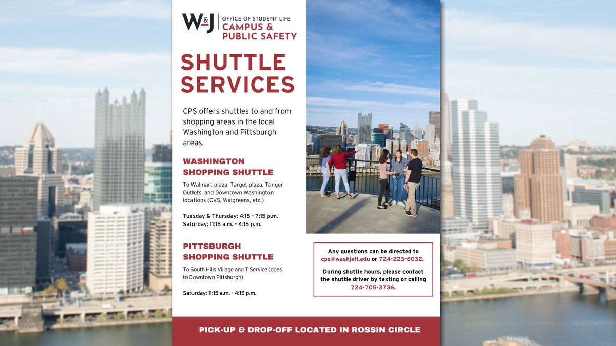 prezpoint's tweet image. Looking to explore more of #WashPA or the big city? CPS offers shuttle services throughout the week! Shuttles Tuesday, Thursday, and Saturday travel to shops around Washington; Saturday's Pittsburgh shuttle goes to South Hills Village and its T station, which leads to Pittsburgh!