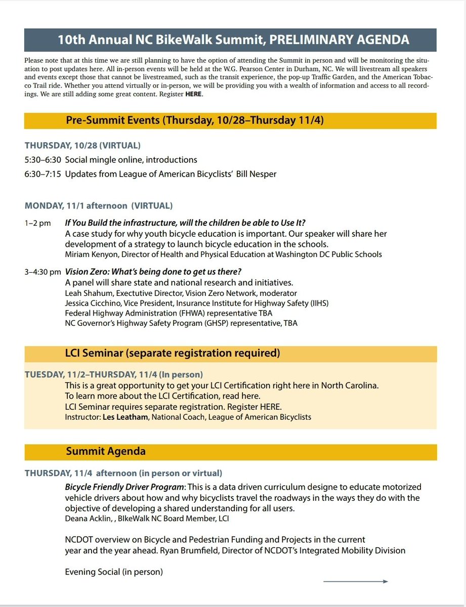 PedalUpNC's tweet photo. If you're nterested in the @bikewalknc summit this November check the link for details, and see below for what the preliminary agenda looks like. https://t.co/YKucHdt37t https://t.co/9ReMvrzssn