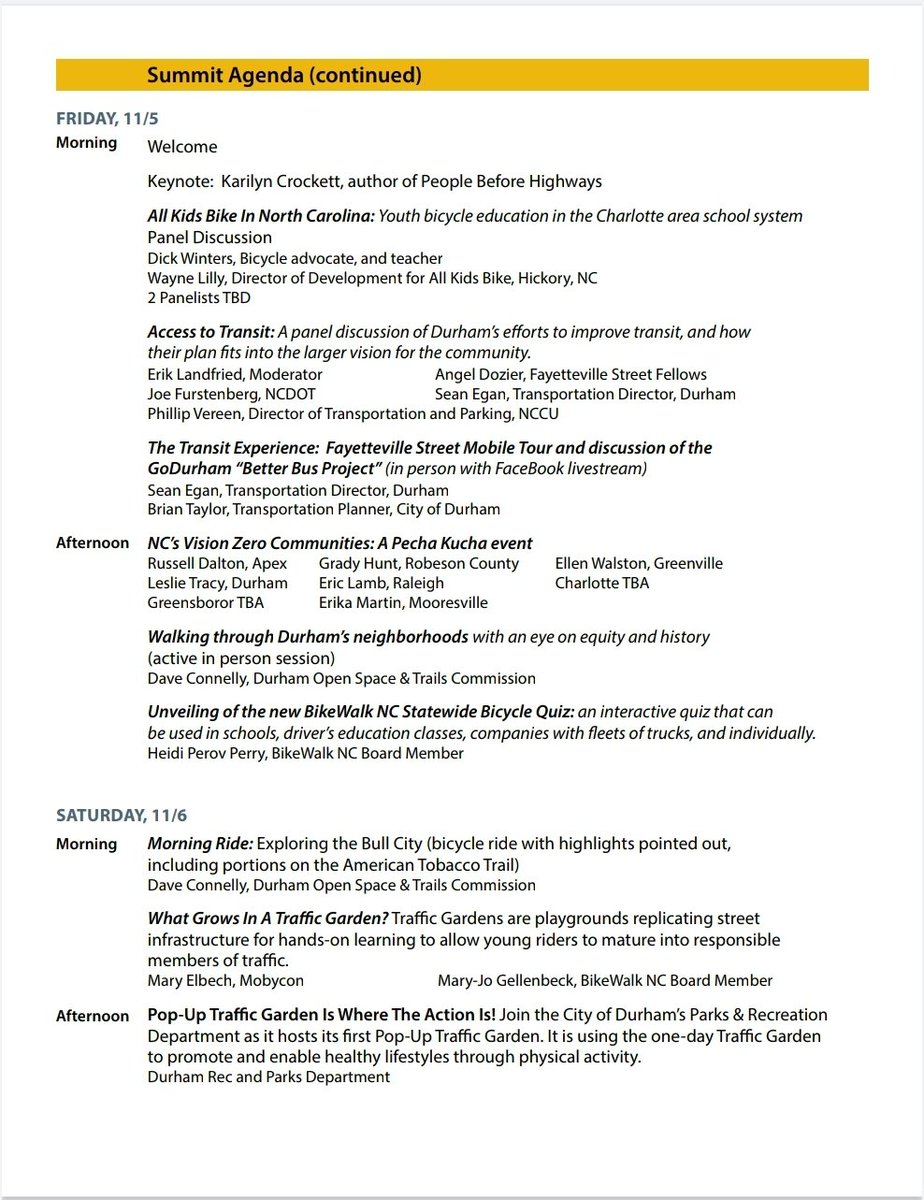PedalUpNC's tweet photo. If you're nterested in the @bikewalknc summit this November check the link for details, and see below for what the preliminary agenda looks like. https://t.co/YKucHdt37t https://t.co/9ReMvrzssn