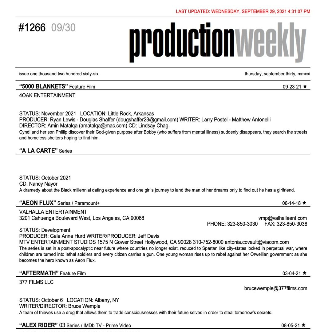 #RT <a href="/prodweek/">Production Weekly</a>: Production Weekly - Issue 1266 - Thursday, September 30, 2021 / 150 Listings - 32 Pages - Production Weekly buff.ly/3EY2oQF