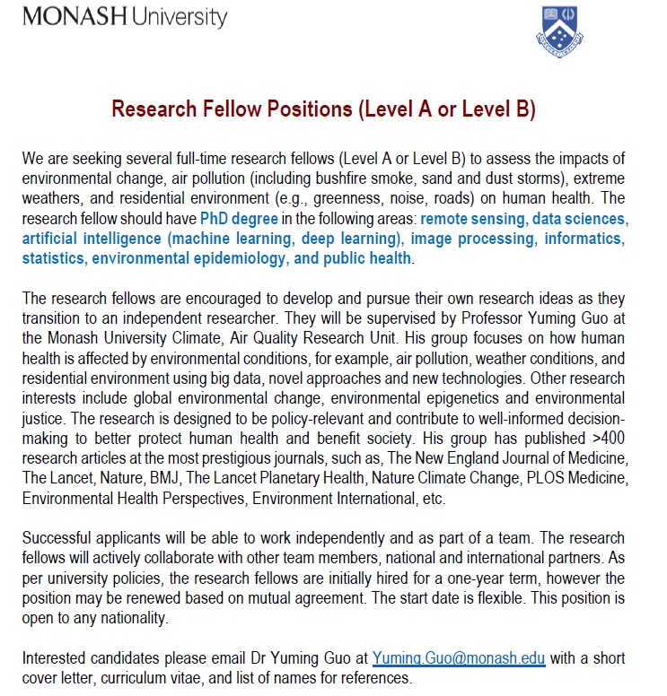 JOB ALERT: We are seeking several research fellows to assess the impacts of environmental change, air pollution, extreme weathers, and residential environment on human health. Welcome to a dynamic team <a href="/Monash_SPHPM/">Monash Public Health</a>