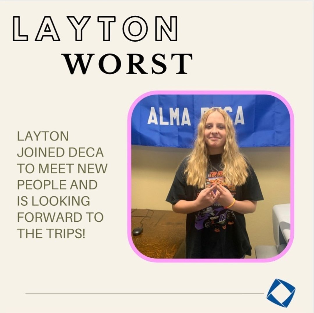 AlmaDECA's tweet photo. Rookie member spotlight! So glad to have these two on board! π·οΈ #membershipweek #MaxMomentum @DECAInc @AlmaSchools π·οΈ https://t.co/4pYrhv2pH4