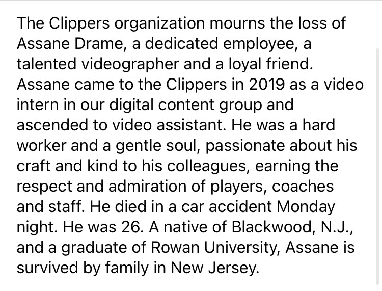 AndrewGreif's tweet photo. In a statement the Clippers called video assistant Assane Drame “kind to his colleagues, earning the respect and admiration of players, coaches and staff.” https://t.co/DYm7hXzsLj
