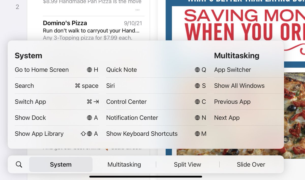MacTipsDaily's tweet photo. IOS Tip: If using your iPad w/ external KB, hold down the globe + control for a couple seconds and you’ll see a keyboard cheat sheet for using System, Multitasking, Split view, and Slide over appear. #iPadOS15 #iPad #Apple #externalKeyboard https://t.co/6FV92CcHAx