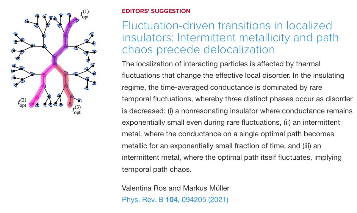 PhysRevB's tweet photo. PRB Editors' Suggestion: Fluctuation-driven transitions in localized #insulators: Intermittent #metallicity and path chaos precede #delocalization
Valentina Ros and Markus Müller
Phys. Rev. B 104, 094205
#physics #condmat #EdSugg @APSPhysics
Article: https://t.co/FBnjEIWq62 https://t.co/J2WjpK7hVg