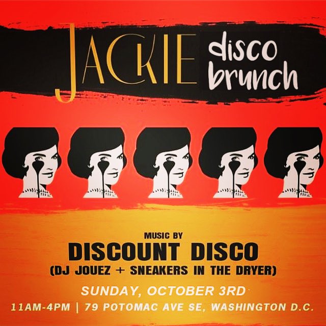 ElDiscountDisco's tweet photo. DC!!
Join us this SUNDAY, Oct 3
@DachaDC - DISCO BRUNCH
Jackie’s Restaurant
79 Potomac Ave, SE
11am-4pm
featuring live DJ set by
DISCOUNT DISCO
(@djJOUEZ + @DryerSneakers)
#discountdisco #livedj #dc #bitcheswhobrunch #jouez! #allday #disco #djduo #femaledj #djjouez #jackieO https://t.co/27wMPwYVY1