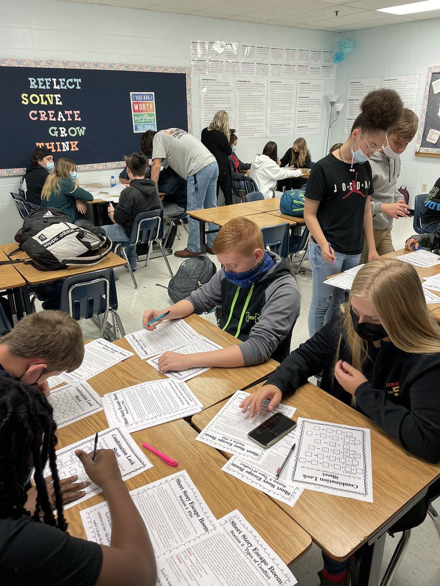 Stations and an escape room to review story elements in English I today. I’mthankful for the extra set of hands from our reading interventionist!